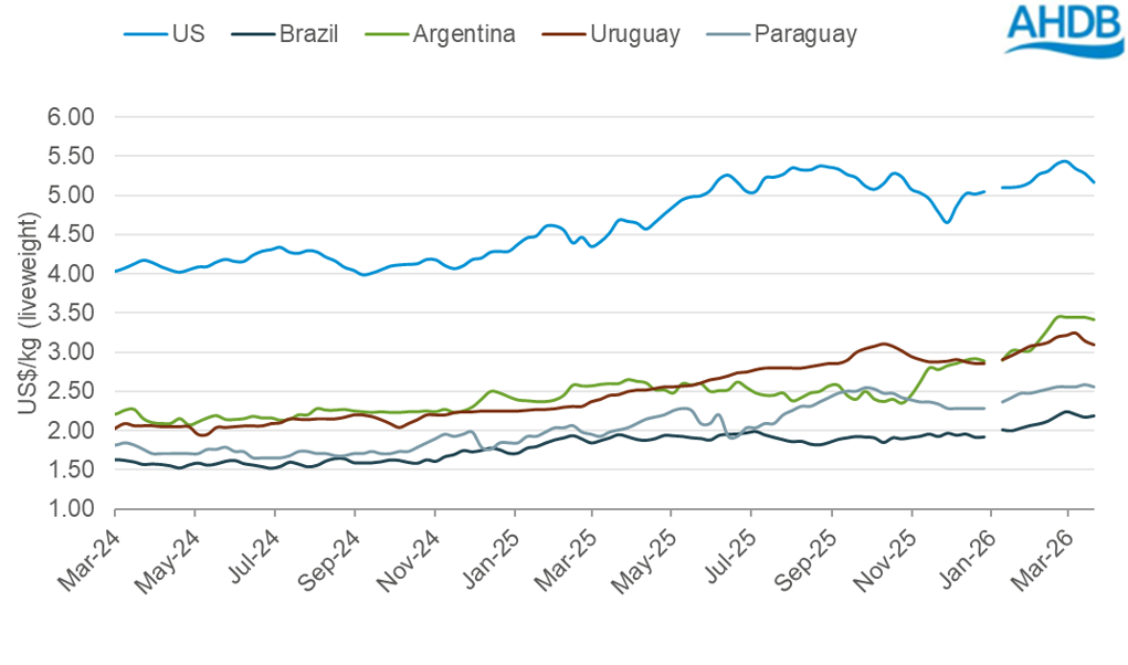 Line graph of global cattle prices between March 2024 and March 2026.